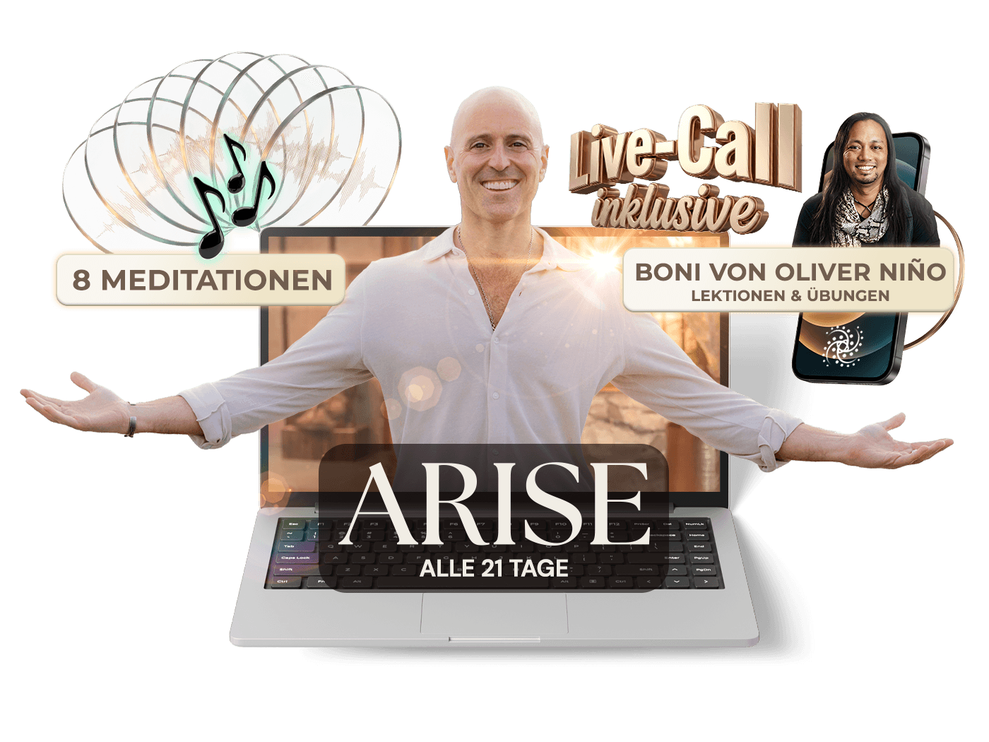 ARISE Kursinhalte: 21 Tage, 8 Meditationen, Live-Call und Boni von Oliver Niño