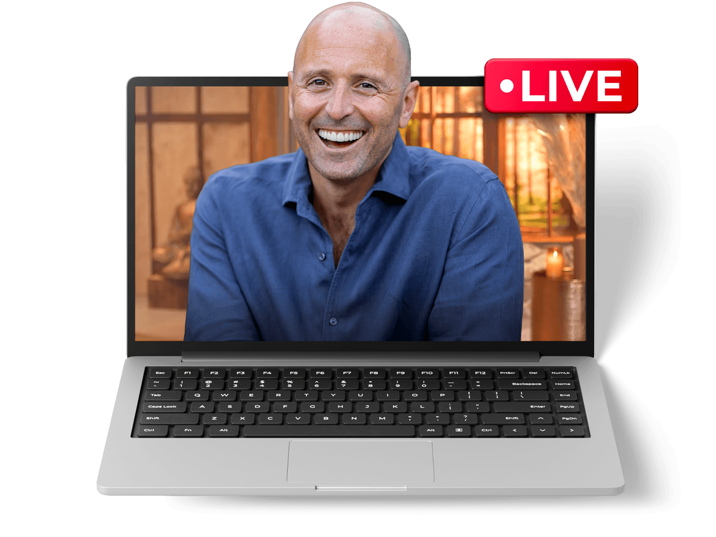 Lee Harris live im Videocall auf einem Laptop